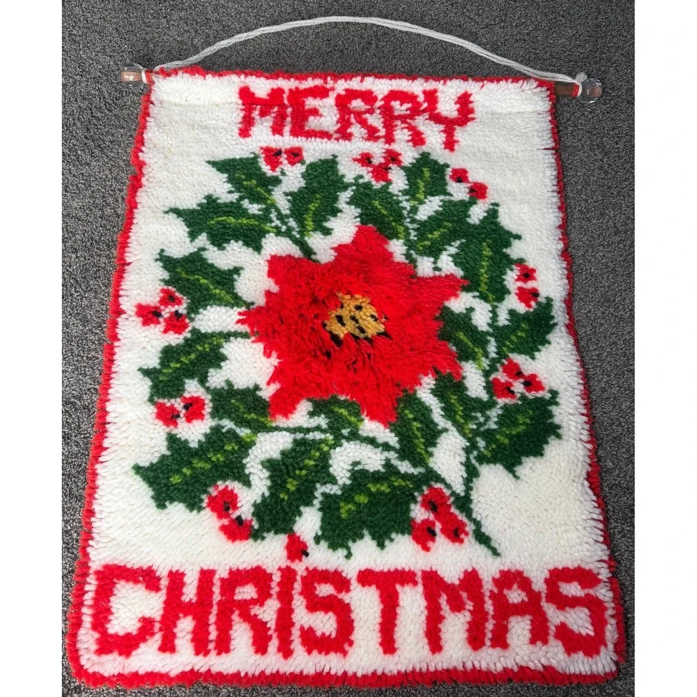 Vintage Cristmas Latch Hook Wall Hanging Merry Christmas Poinsettia Handmade